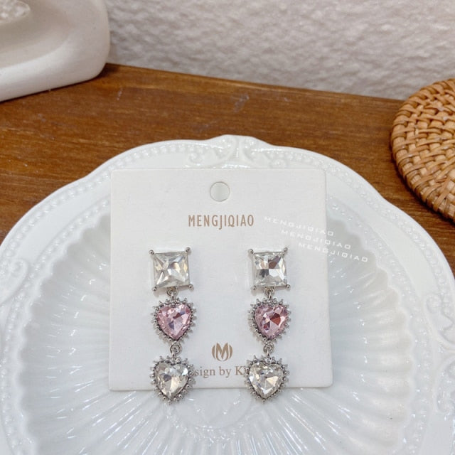 MENGJIQIAO New Korean Shiny Heart Crystal Drop Earrings For Women Fashion Shell Rhinestone Boucle D'oreille Party Jeweley Gift