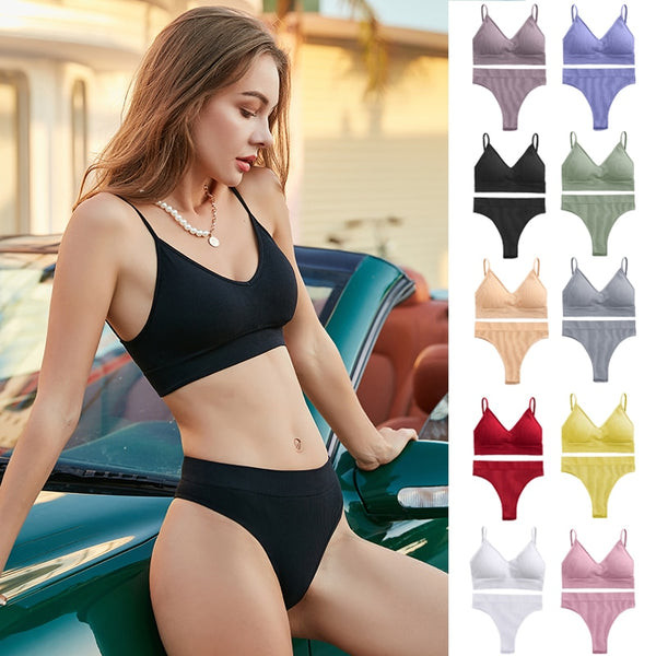 FINETOO Women Padded Bra Brazilian Panties Set Seamless Tops Sports Bra Set Sexy Thongs Girl Lingerie Fitness Crop Top Underwear
