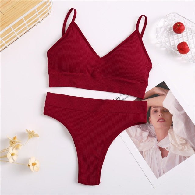 FINETOO Women Padded Bra Brazilian Panties Set Seamless Tops Sports Bra Set Sexy Thongs Girl Lingerie Fitness Crop Top Underwear