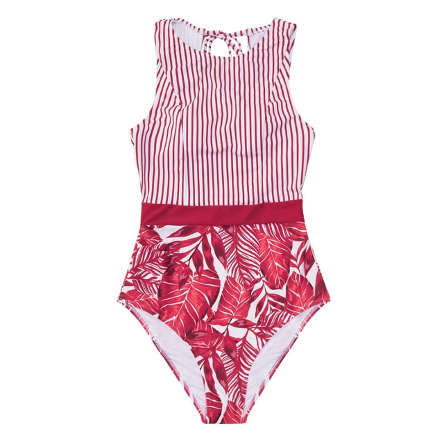 CUPSHE Black Striped And Green Leaf One-piece Swimsuit Women Sexy Cutout Monokini Bathing Suits 2021 New Girl Beach Swimwear