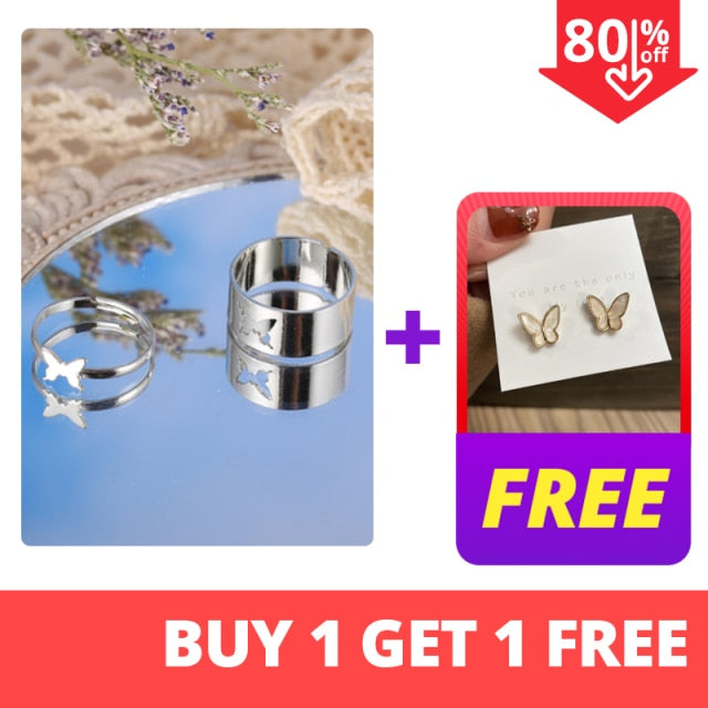 IF ME 2 Paired Butterfly Couple Adjustable Opening Ring Set for Women Men Unisex Gold Silver Color Metal Rings Trendy Jewelry