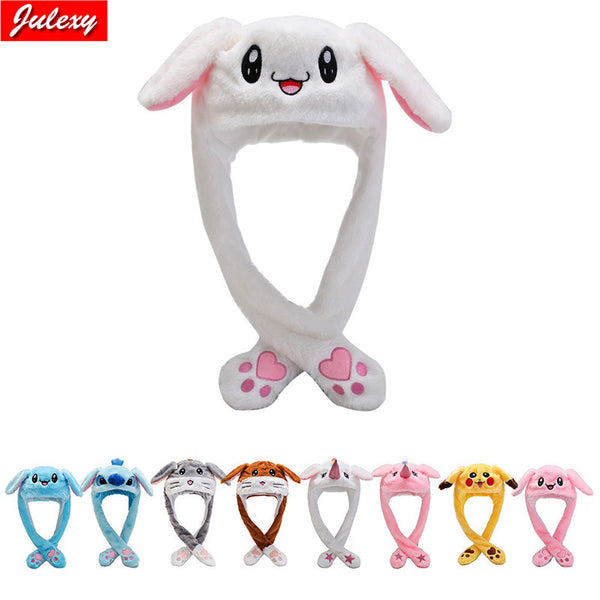 Rabbit Hat Moving Ears Cute Cartoon Toy Hat  Kawaii Funny Hat Birthday Gift Bunny Plush Cap Winter Hat For Kids Adult Girlfriend