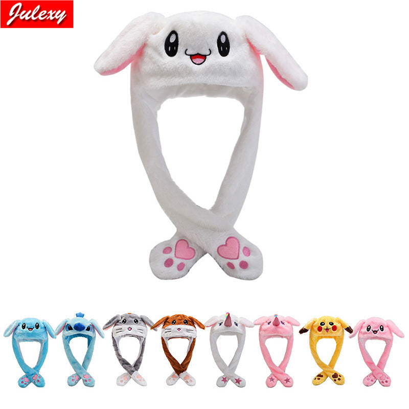 Rabbit Hat Moving Ears Cute Cartoon Toy Hat  Kawaii Funny Hat Birthday Gift Bunny Plush Cap Winter Hat For Kids Adult Girlfriend