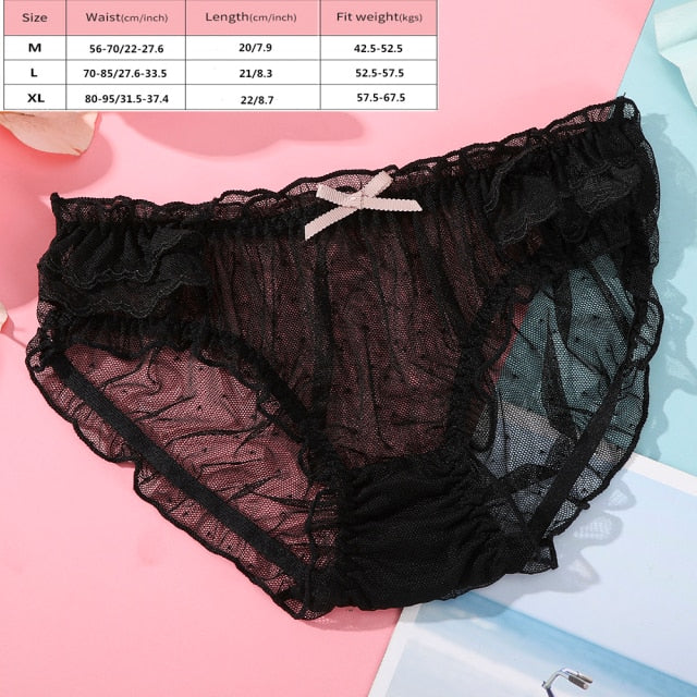 BIONEK Women Sexy Lace Underwear Ruffle Panties Japanese Lolita Style Transparent Seersucker Lingerie Fruit Embroidery Briefs