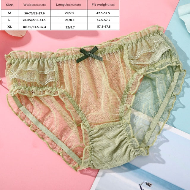 BIONEK Women Sexy Lace Underwear Ruffle Panties Japanese Lolita Style Transparent Seersucker Lingerie Fruit Embroidery Briefs