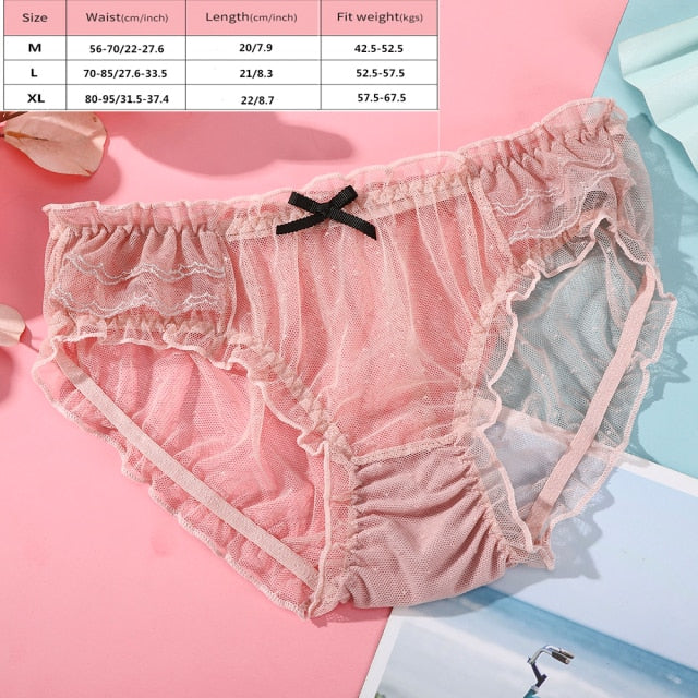 BIONEK Women Sexy Lace Underwear Ruffle Panties Japanese Lolita Style Transparent Seersucker Lingerie Fruit Embroidery Briefs