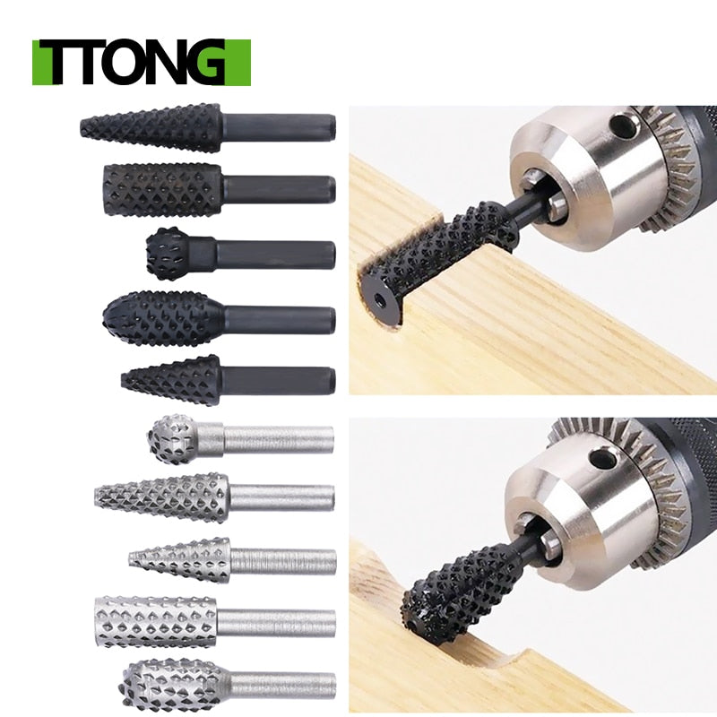 5pcs Steel Rotary Rasp File 1/4" Shank Rotary Craft Files Rasp Burrs Wood Bits Grinding Power Woodworking Hand Tool