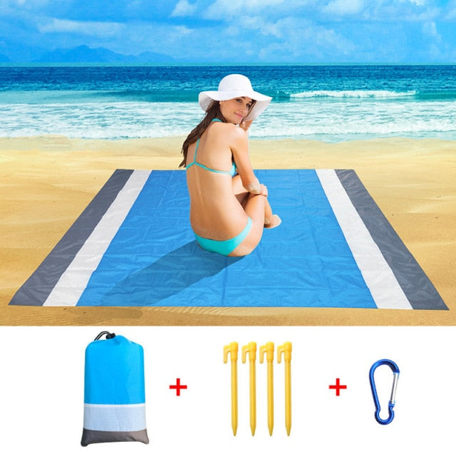 200x210CM Large Beach Mat Anti Sand-free Beach Towel Anti Sand Beach Blanket Pocket Picnic 4 Anchor Wind Prevent Sand Proof Mat