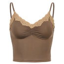 SUCHCUTE Goth Aesthetic Lace Patchwork Tank Tops For Women Sexy V-Neck Brown Retro Crop Tops Summer  Fashion Casual Camisole