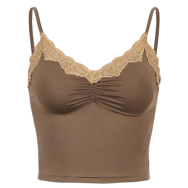 SUCHCUTE Goth Aesthetic Lace Patchwork Tank Tops For Women Sexy V-Neck Brown Retro Crop Tops Summer  Fashion Casual Camisole