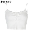 SUCHCUTE Goth Aesthetic Lace Patchwork Tank Tops For Women Sexy V-Neck Brown Retro Crop Tops Summer  Fashion Casual Camisole