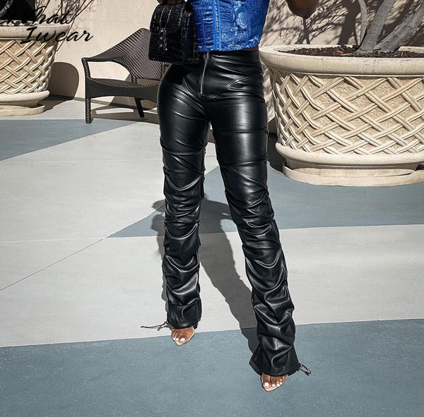Whatiwear Faux PU Leather High Waist Black Stacked Pants Women Pants Clothing Fashion Hipster Street Style Long Trousers Hot
