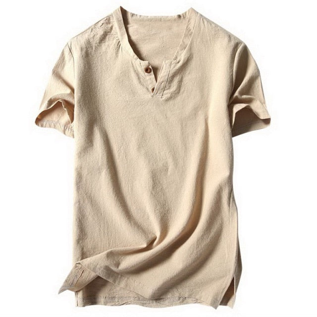 SHUJIN New Mens Spring Summer Casual Shirt Short Sleeve Cotton Linen Shirts Men Loose Collar Button Shirt silk Chemise Homme