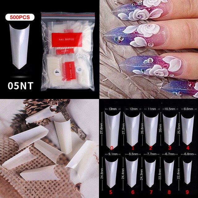 FlorVida 500 Tips Kit Bagged Fake False Nails Full Half French Acrylic ABS For Manicure Fingers Toes Set C Smile Sharp 10 Sizes