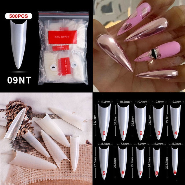 FlorVida 500 Tips Kit Bagged Fake False Nails Full Half French Acrylic ABS For Manicure Fingers Toes Set C Smile Sharp 10 Sizes