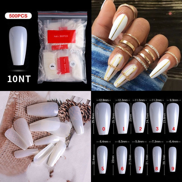 FlorVida 500 Tips Kit Bagged Fake False Nails Full Half French Acrylic ABS For Manicure Fingers Toes Set C Smile Sharp 10 Sizes