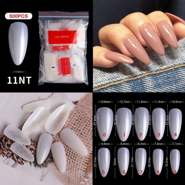 FlorVida 500 Tips Kit Bagged Fake False Nails Full Half French Acrylic ABS For Manicure Fingers Toes Set C Smile Sharp 10 Sizes