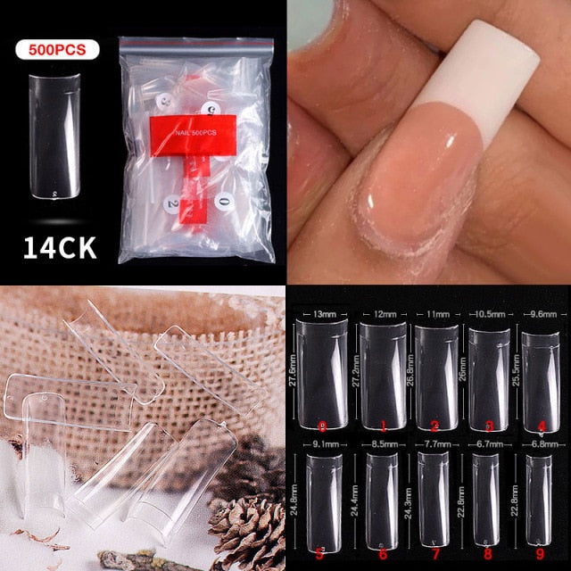 FlorVida 500 Tips Kit Bagged Fake False Nails Full Half French Acrylic ABS For Manicure Fingers Toes Set C Smile Sharp 10 Sizes