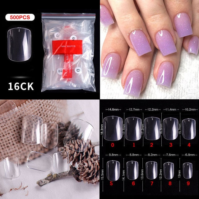 FlorVida 500 Tips Kit Bagged Fake False Nails Full Half French Acrylic ABS For Manicure Fingers Toes Set C Smile Sharp 10 Sizes