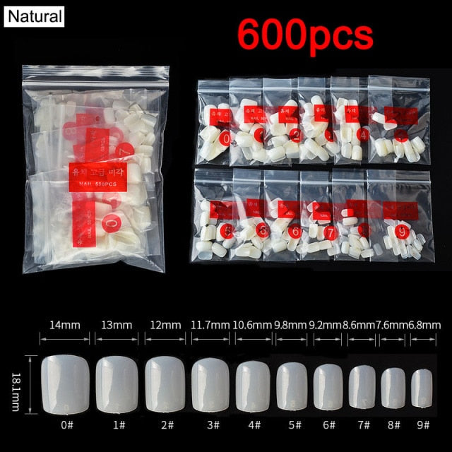 FlorVida 500 Tips Kit Bagged Fake False Nails Full Half French Acrylic ABS For Manicure Fingers Toes Set C Smile Sharp 10 Sizes