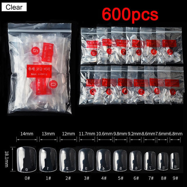 FlorVida 500 Tips Kit Bagged Fake False Nails Full Half French Acrylic ABS For Manicure Fingers Toes Set C Smile Sharp 10 Sizes