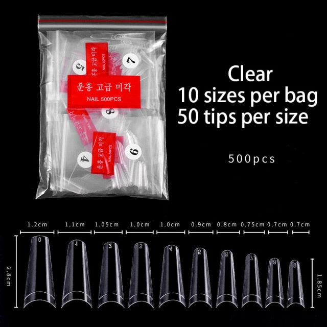 FlorVida 500 Tips Kit Bagged Fake False Nails Full Half French Acrylic ABS For Manicure Fingers Toes Set C Smile Sharp 10 Sizes