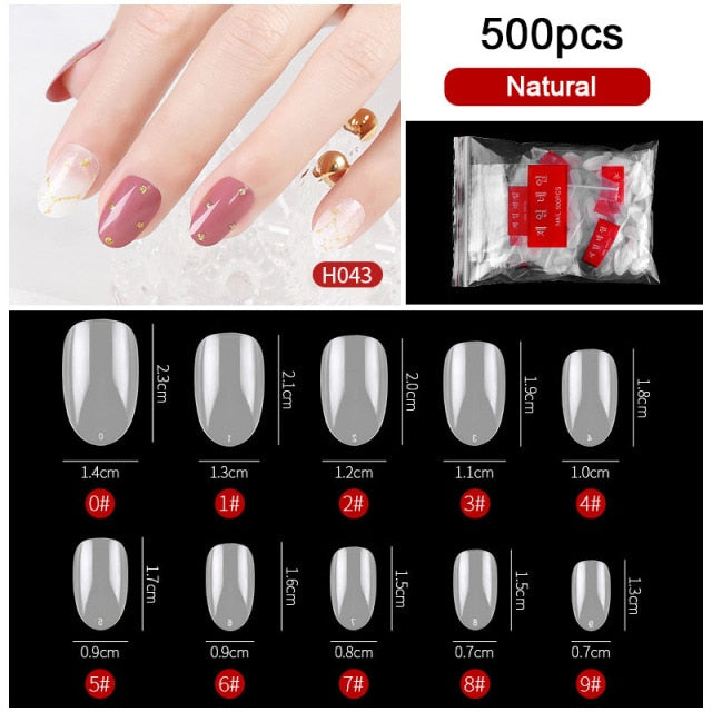 FlorVida 500 Tips Kit Bagged Fake False Nails Full Half French Acrylic ABS For Manicure Fingers Toes Set C Smile Sharp 10 Sizes