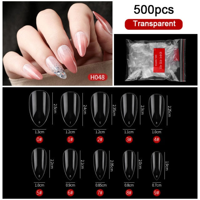 FlorVida 500 Tips Kit Bagged Fake False Nails Full Half French Acrylic ABS For Manicure Fingers Toes Set C Smile Sharp 10 Sizes