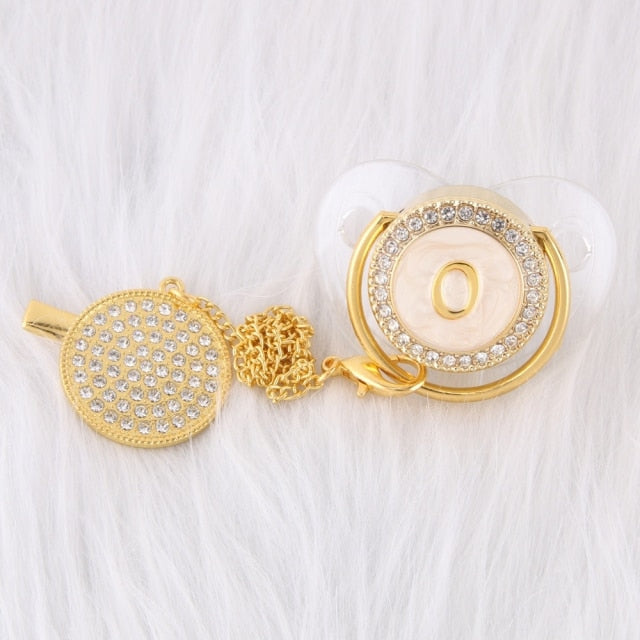 26 Initial Letters Transparent Bling Pacifier With Chain Clip Newborn Kids Baby Orthodontic Dummy Teat Nipple Soother