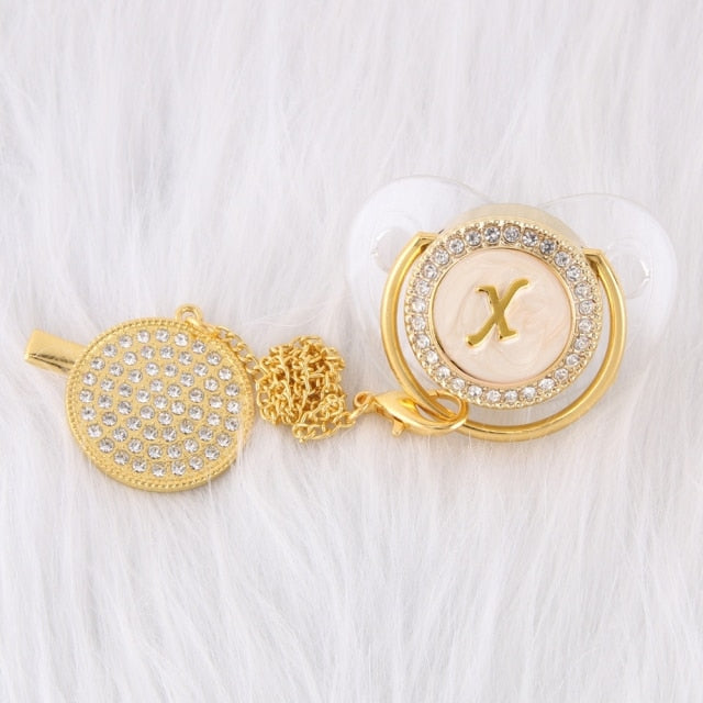 26 Initial Letters Transparent Bling Pacifier With Chain Clip Newborn Kids Baby Orthodontic Dummy Teat Nipple Soother