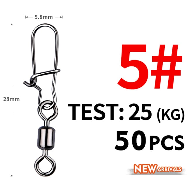 MEREDITH Fishing Connector 50PCS/Lot 2# 4# 6# 8# 10# Pin Bearing Rolling Swivel Stainless Steel With Snap Fishhook Lure Tackle