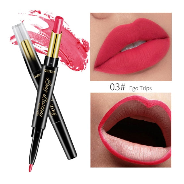QIBEST 2 In 1 Matte Lipstick Lip Liner Nude Lipliner Makeup Waterproof Lipstick Pen Long Lasting Lip Pencil Makeup Lips Cosmetic