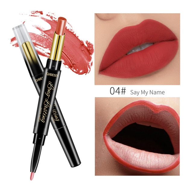 QIBEST 2 In 1 Matte Lipstick Lip Liner Nude Lipliner Makeup Waterproof Lipstick Pen Long Lasting Lip Pencil Makeup Lips Cosmetic