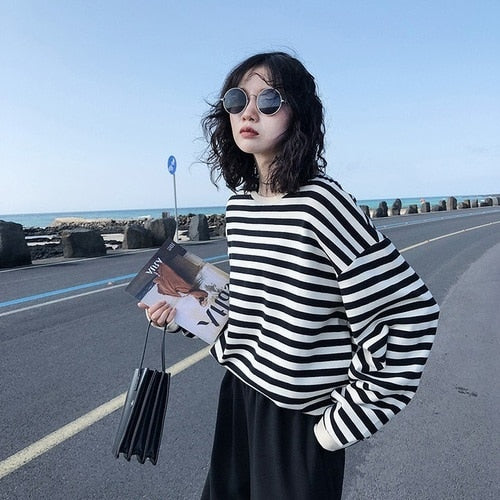 Hoodies Women Harajuku Gothic stripe cotton Hoodie Clothes 2021 Autumn long sleeve loose Kawaii Korean thin Sweatshirt kpop Tops
