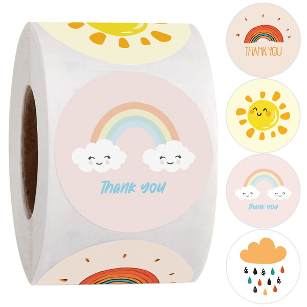 100-500 Pcs Round Cartoon Thank You Stickers Cute Sun Rainbow Clouds Sticker For Handmade Gift Decor Labels Kids Reward Stickers
