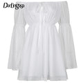 Darlingaga Casual Slash Neck Chiffon Beach White Dress Women Flare Sleeve Off Shoulder Sexy Summer Dress 2021 Double Layer Solid