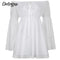 Darlingaga Casual Slash Neck Chiffon Beach White Dress Women Flare Sleeve Off Shoulder Sexy Summer Dress 2021 Double Layer Solid