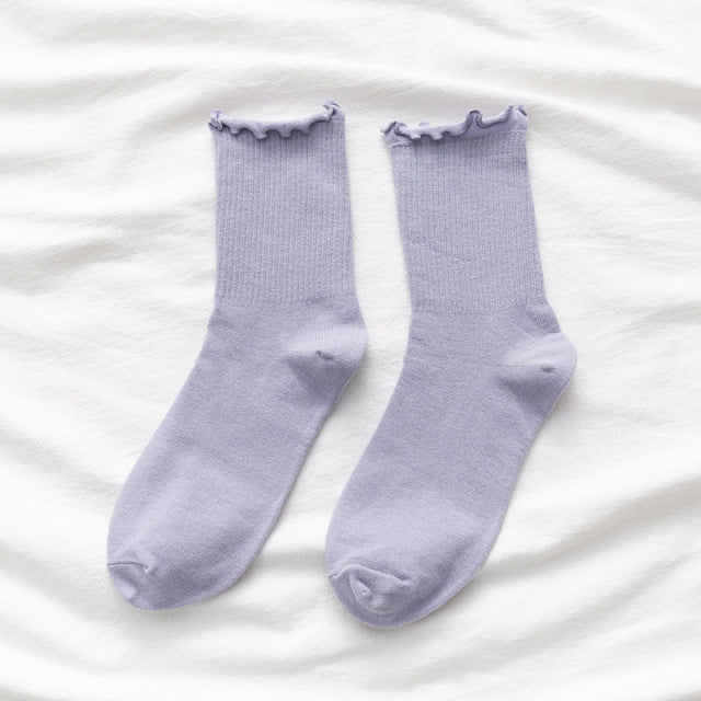 White Socks Women Kawaii Cute Frilly Ruffle Socks Cotton Japanese Fashion Purple Woman Crew Socks Female calcetines de la mujer