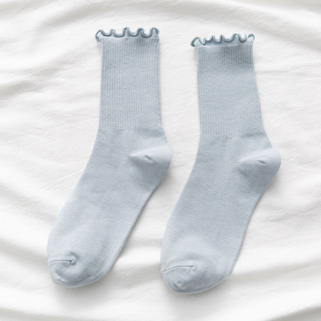 White Socks Women Kawaii Cute Frilly Ruffle Socks Cotton Japanese Fashion Purple Woman Crew Socks Female calcetines de la mujer