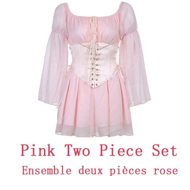 IAMHOTTY Chiffon Slash Neck Mini Dress Women Summer Beach Vacation Long Sleeve Corset Bandage Sundress Party Casual Dresses Pink