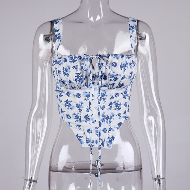 NewAsia Floral Corset Women Sweet Print Hollow Up Tie Up Sexy Crop Top Summer Sleeveless Ruched Boning Bustier Casual Tank Top