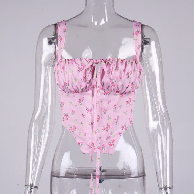 NewAsia Floral Corset Women Sweet Print Hollow Up Tie Up Sexy Crop Top Summer Sleeveless Ruched Boning Bustier Casual Tank Top