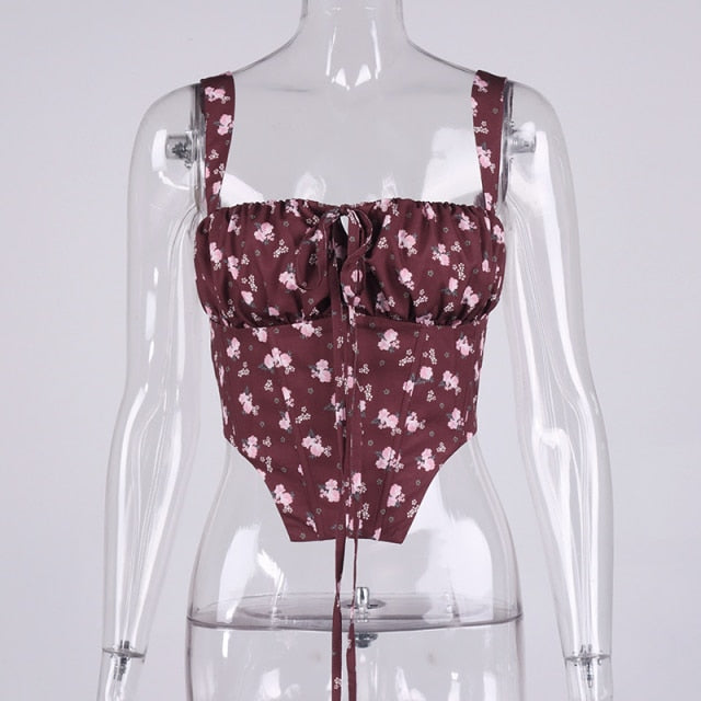 NewAsia Floral Corset Women Sweet Print Hollow Up Tie Up Sexy Crop Top Summer Sleeveless Ruched Boning Bustier Casual Tank Top