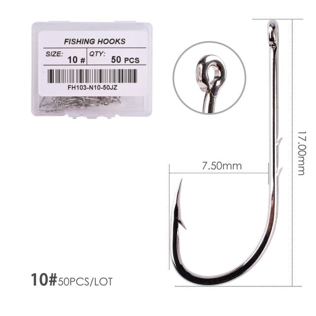 50pcs/ Box Long Shank Fishing Hook 1#-10# Fish Hooks High Carbon Steel Sharp Barbed Offset Narrow Bait Hook Fishhook