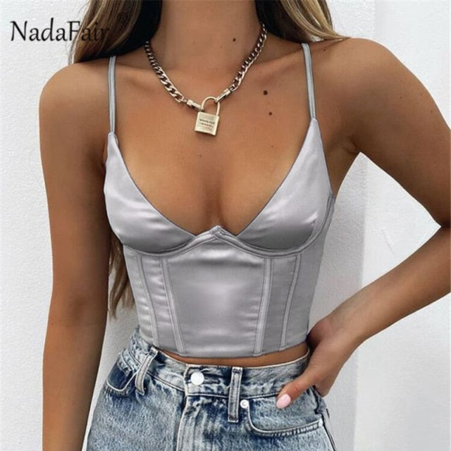 Nadafair Satin Corset Tops Women Wrap V Neck Floral Tanks Camis  Sexy Bustier Summer Tube Crop Tops Festival Outfit