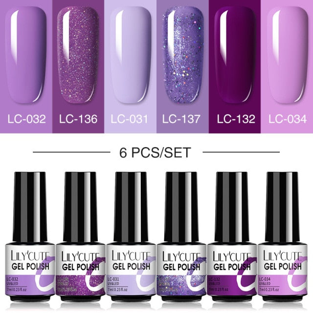 LILYCUTE 2/4/6 Pcs Gel Nail Polish Set 136Color Glitter Semi Permanent Hybrid Gel Varnish Base Top Coat Soak Off UV LED Nail Art