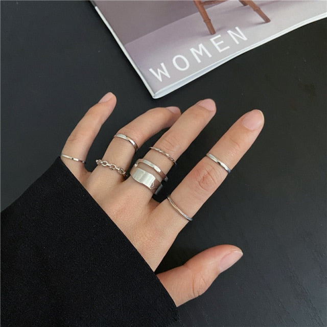 17KM Punk Gold Wide Chain Rings Set For Women Girls Fashion Irregular Finger Thin Rings Gift 2021 Female Jewelry Party