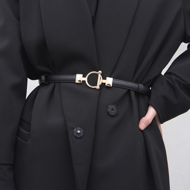 Adjustable PU Leather Ladies Dress Belts Skinny Thin Women Waist Belts Strap Gold Color Buckle Female Belts pasek damski