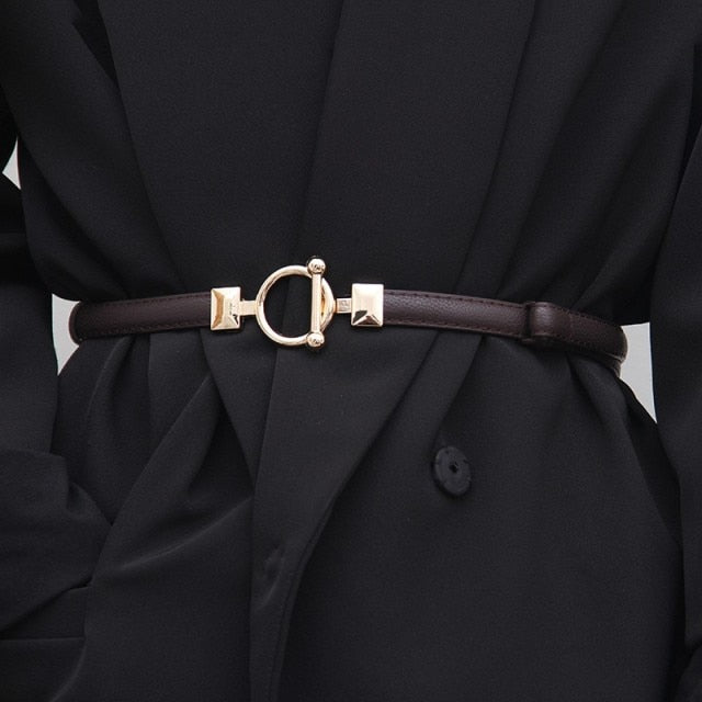Adjustable PU Leather Ladies Dress Belts Skinny Thin Women Waist Belts Strap Gold Color Buckle Female Belts pasek damski