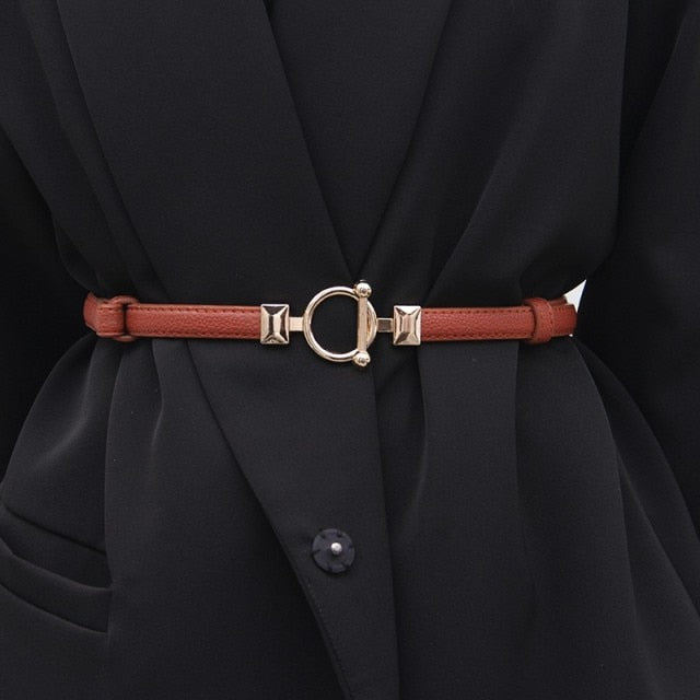 Adjustable PU Leather Ladies Dress Belts Skinny Thin Women Waist Belts Strap Gold Color Buckle Female Belts pasek damski